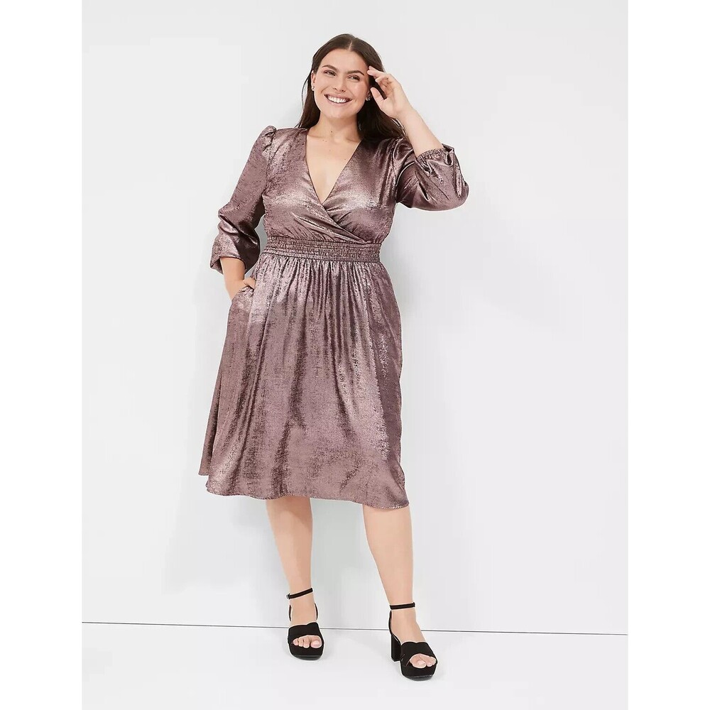 Lane Bryant Blouson-Sleeve Surplice Metallic Midi Dress Size‎ 18/20p petite rose